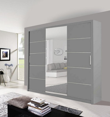 Modern Lyon Mirror Sliding Door Wardrobe With Hanging Rails & Shelves (Grey, 250Cm) - image 1