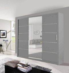 Modern Lyon Mirror Sliding Door Wardrobe With Hanging Rails & Shelves (Grey, 250Cm) - thumbnail 1
