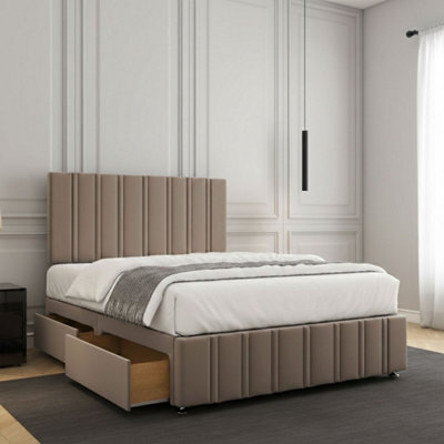 REGIONAL FURNISHINGS Divan Bed Set Mink Plush Velvet Upholstered 24Inch Headboard & Footboard & 2Drawers Sameside & Mattress In All Sizes - image 1