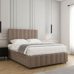 REGIONAL FURNISHINGS Divan Bed Set Mink Plush Velvet Upholstered 24Inch Headboard & Footboard & 2Drawers Sameside & Mattress In All Sizes - thumbnail 2