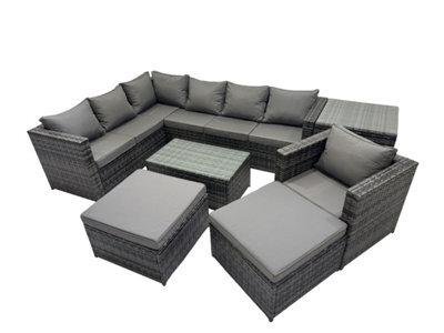 Fimous Outdoor Rattan Rectangular Coffee Table Corner Sofa Sets Garden Furniture Set With 2 Big Stools Side Table Dark Grey Mixed - image 1