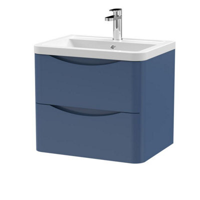 Dezine Thames 600mm 2 Drawer Satin Blue Wall Hung Vanity Unit - image 1
