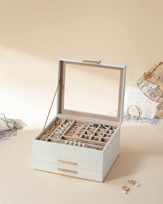 Songmics Three-Tier Jewelry Storage, Modern Design Display Case With Dual Drawer System, Cloud White And Gold - image 1
