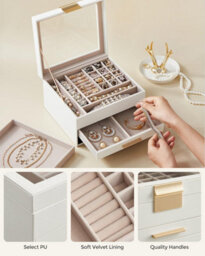 Songmics Three-Tier Jewelry Storage, Modern Design Display Case With Dual Drawer System, Cloud White And Gold - thumbnail 4