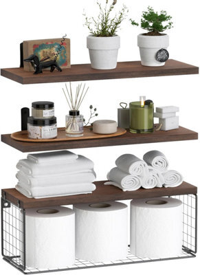 Bathroom Shelf Over Toilet, Floating Bathroom Shelf Wall Mounted With Wire Basket, Floating Shelf For Wall Décor-Rustic Brown - image 1