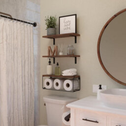 Bathroom Shelf Over Toilet, Floating Bathroom Shelf Wall Mounted With Wire Basket, Floating Shelf For Wall Décor-Rustic Brown - thumbnail 4