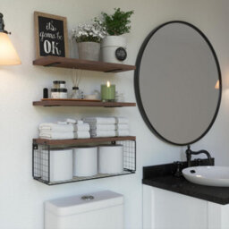 Bathroom Shelf Over Toilet, Floating Bathroom Shelf Wall Mounted With Wire Basket, Floating Shelf For Wall Décor-Rustic Brown - thumbnail 5