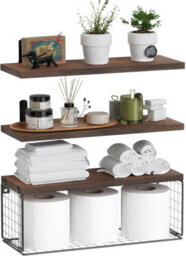 Bathroom Shelf Over Toilet, Floating Bathroom Shelf Wall Mounted With Wire Basket, Floating Shelf For Wall Décor-Rustic Brown