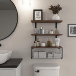 Bathroom Shelf Over Toilet, Floating Bathroom Shelf Wall Mounted With Wire Basket, Floating Shelf For Wall Décor-Rustic Brown - thumbnail 2