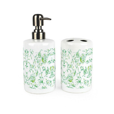 Purely Home Green Roses Bathroom Set - Refillable Ceramic Soap Dispenser & Toothbrush Holder - image 1