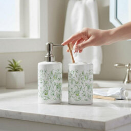 Purely Home Green Roses Bathroom Set - Refillable Ceramic Soap Dispenser & Toothbrush Holder - thumbnail 2