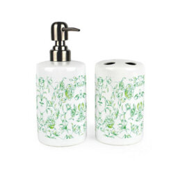 Purely Home Green Roses Bathroom Set - Refillable Ceramic Soap Dispenser & Toothbrush Holder