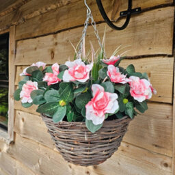 Best Artificial Pink Azalea Flower With Rattan Wicker Hanging Basket For Indoor Or Outdoor Use - thumbnail 3