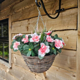 Best Artificial Pink Azalea Flower With Rattan Wicker Hanging Basket For Indoor Or Outdoor Use