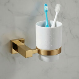 Plum&clay Tate Wall Mounted Brushed Gold Toothbrush Holder With Ceramic Tumbler - thumbnail 2