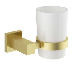 Plum&clay Tate Wall Mounted Brushed Gold Toothbrush Holder With Ceramic Tumbler
