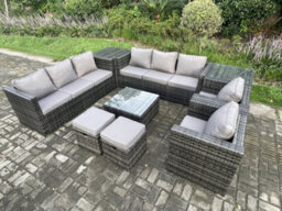 Fimous Outdoor Rattan Garden Furniture Set 10 Seater Patio Lounge Sofa Set With 2 Armchairs Square Coffee Table 2 Side Tables - thumbnail 2