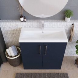 Balterley Contemporary Bathroom Floor Standing 2 Soft-Close Door Vanity Unit & Mid-Edge Ceramic Basin, Midnight Blue, 800 mm - thumbnail 3