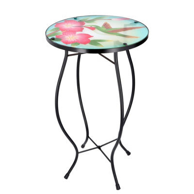 Geezy Garden Coffee Table Glass Round Side Stand Mosaic Colibri Design Patio Table - image 1
