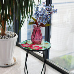 Geezy Garden Coffee Table Glass Round Side Stand Mosaic Colibri Design Patio Table - thumbnail 3