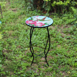 Geezy Garden Coffee Table Glass Round Side Stand Mosaic Colibri Design Patio Table - thumbnail 4