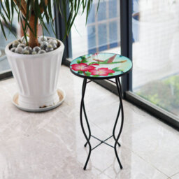 Geezy Garden Coffee Table Glass Round Side Stand Mosaic Colibri Design Patio Table - thumbnail 5