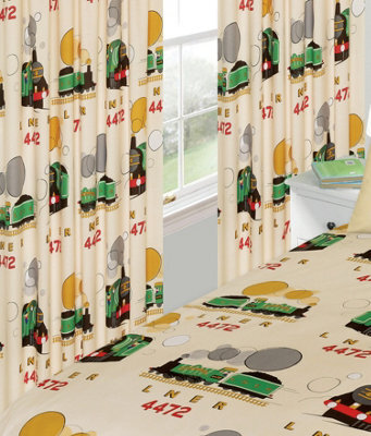"66"" X 54"" Little Flying Scotsman Pencil Pleat Curtain Set, Trains Lner 4472 Cream Red Green" - image 1