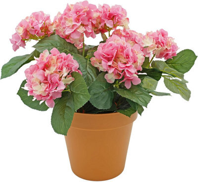 Greenbrokers Premium Quality Artificial Pink Hydrangea Flower Bush In Terracotta Coloured Pot (50Cm) With Nine Flower Clusters For - image 1