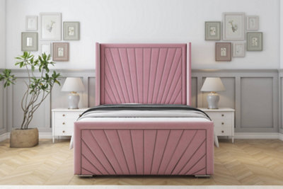 "Sloomy Rutherford Pink Plush Bed Frame With 50"" Upholstered Wingback Headboard 2'6 Small Single" - image 1