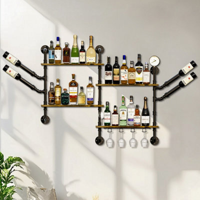 Fativo  Wall Mounted Wine Rack Bar Drink Bottle Storage Shelf Glass Holder Display Black L108Xw60Cm