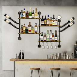 Fativo  Wall Mounted Wine Rack Bar Drink Bottle Storage Shelf Glass Holder Display Black L108Xw60Cm - thumbnail 7