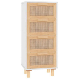 Berkfield Durable Sideboard White 40X30X90 Cm Solid Wood Pine And Natural Rattan - thumbnail 1