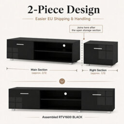 MMT Funiture Designs mmt 160Cm Black High Gloss Led Tv Stand Cabinet With 2 Cupboards For Tvs Up To 65 Inch - thumbnail 2