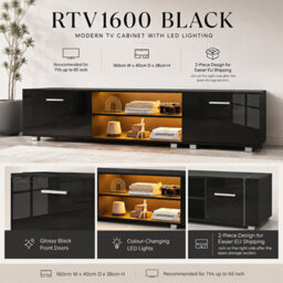 MMT Funiture Designs mmt 160Cm Black High Gloss Led Tv Stand Cabinet With 2 Cupboards For Tvs Up To 65 Inch - thumbnail 5