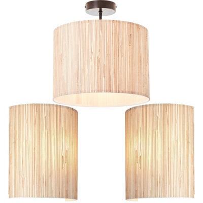 Loops Semi Flush Ceiling Light & 2X Matching Wall Lights - Dimmable Natural Seagrass Drum Shades - image 1