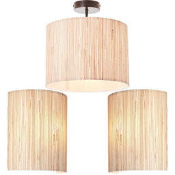 Loops Semi Flush Ceiling Light & 2X Matching Wall Lights - Dimmable Natural Seagrass Drum Shades - thumbnail 1