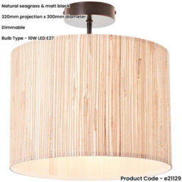 Loops Semi Flush Ceiling Light & 2X Matching Wall Lights - Dimmable Natural Seagrass Drum Shades - thumbnail 3
