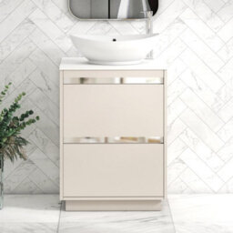 Royal Bathrooms Orion 600mm Warm Taupe Floor Standing Plain White Countertop Vanity Unit 2 Drawer With Amaze Basin & Chrome Accent Trim - thumbnail 1