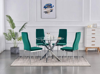Furnizone UK Nexus 4-Seater 90Cm Round Clear Glass Dining Table And 4 Monza Green Velvet Chairs - image 1