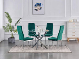Furnizone UK Nexus 4-Seater 90Cm Round Clear Glass Dining Table And 4 Monza Green Velvet Chairs