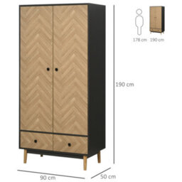 Homcom Modern Wardrobe Cabinet With Shelf, Hanging Rod And 2 Drawers 90X50X190Cm - thumbnail 3