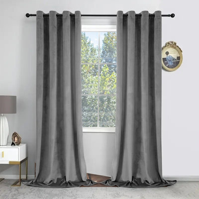 Oxford Homeware Eyelet Velvet Curtains Grey Fully Lined Blackout Thermal Insulated Eyelet Curtains Pair (W)168Cm X (L)228Cm - image 1