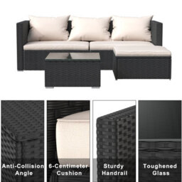 Onemill 4 Pieces Patio Furniture Sets Outdoor Sofa With Washable Cushions And Glass Table(Black) - thumbnail 3
