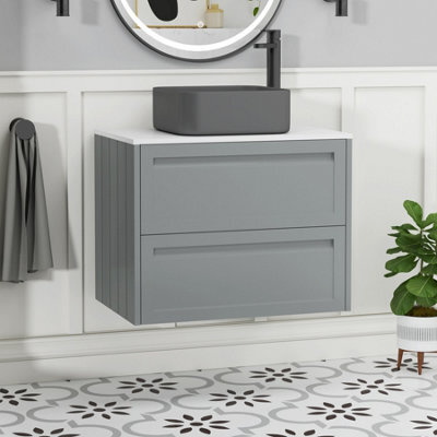 Royal Bathrooms Royal Bathroom Elmore 700mm Pebble Grey Wall Mounted Bathroom Vanity Unit 2 Drawer Plain White Worktop With Art Square Basin - image 1