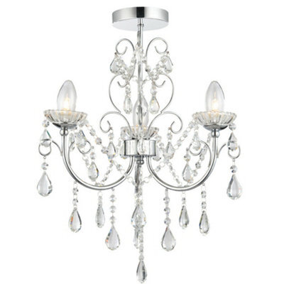 Flush Bathroom Ceiling Light Ip44 Chrome & Crystal 3 Lamp Bulb Hanging Pendant - image 1