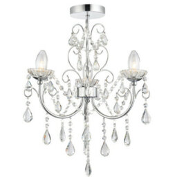 Flush Bathroom Ceiling Light Ip44 Chrome & Crystal 3 Lamp Bulb Hanging Pendant