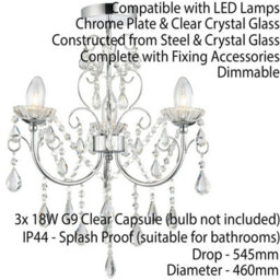 Flush Bathroom Ceiling Light Ip44 Chrome & Crystal 3 Lamp Bulb Hanging Pendant - thumbnail 2