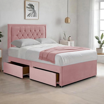 Pink Plush 4Ft6 Double Bed With Matttress  2 Storage Drawers And 20 Inch Borderd Headboard - image 1