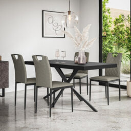More4Homes Donni Dining Table And Chairs -  Black Table Top W Black Legs + Monza Linen Dining Chair Set Of 4 (Grey)