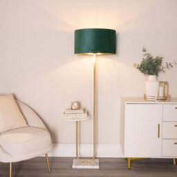 Valuelights Tavel Gold Floor Lamp With Table And Forest Green Velvet With Gold Inner Lamp Shade
